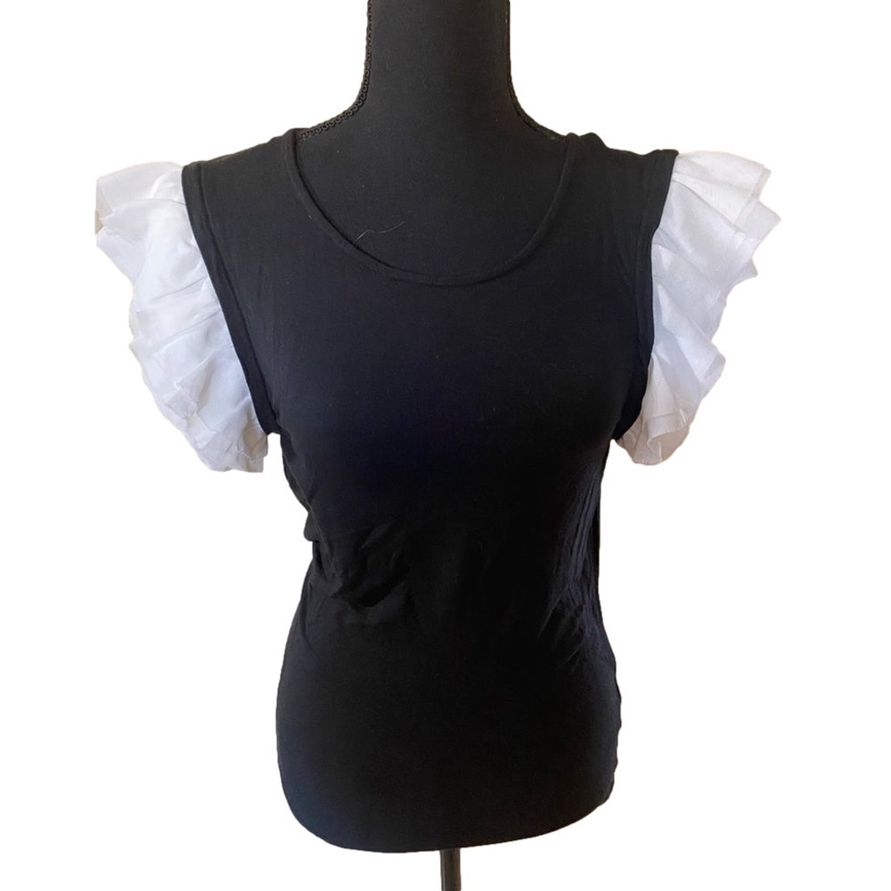 Victoria’s Secret XS Black Modal Top – White Layered Puff Sleeves;Stretch Blouse